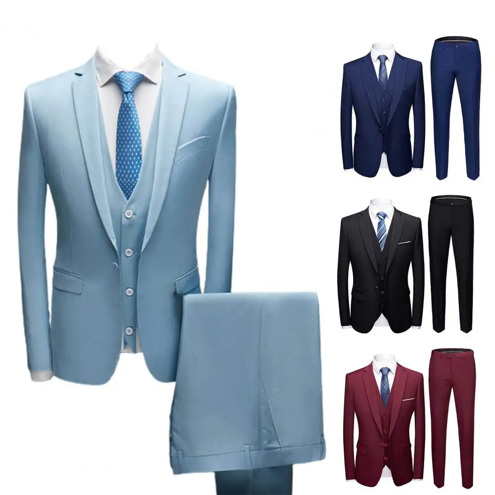 Mens Suit 1 Set Pure Color Buttons Blazer Pants Male Formal Lapel Wedding