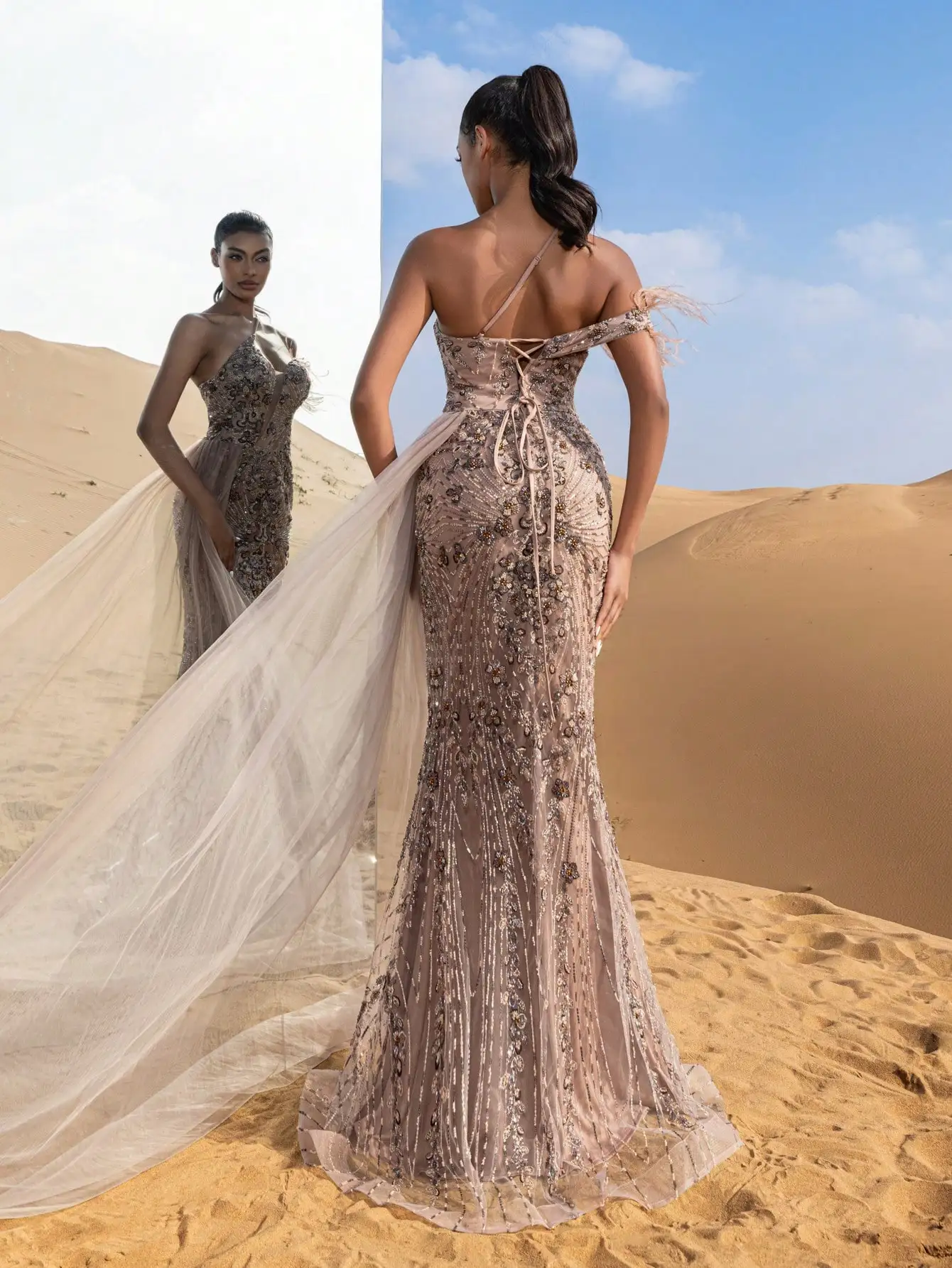 رائع غير متناظرة الرقبة رايات الجانب حورية البحر ت...