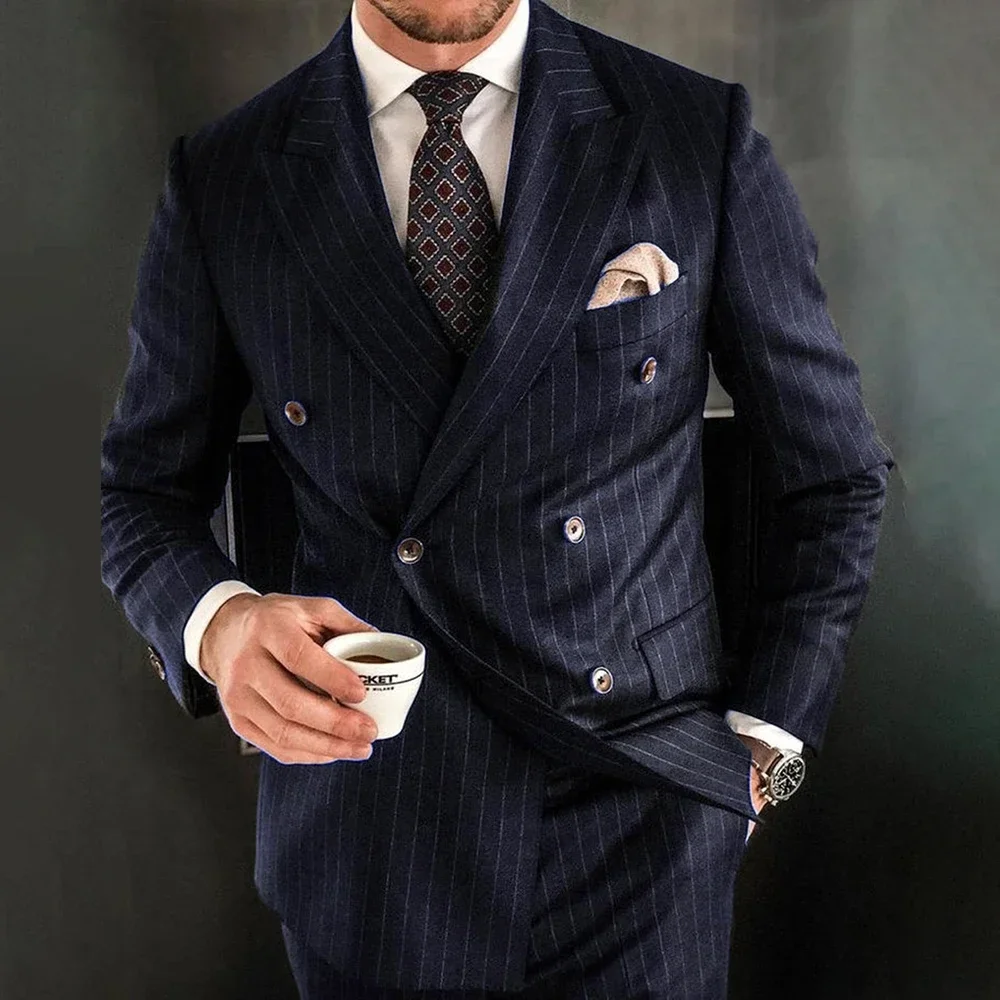 

Elegant Full Set Blazer Costume Navy Blue Double Breasted Peak Lapel Regular Lenght High Quality 2 Piece Jacket Pants Men's Suit