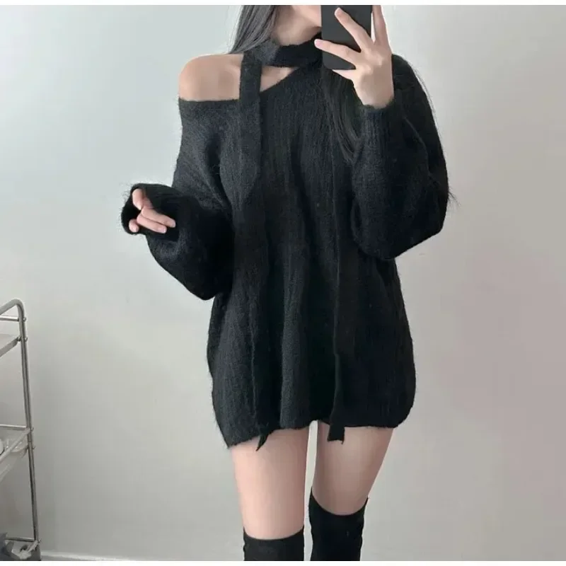 New Autumn and Winter Women's Clothing Round Neck Long-sleeved Knitted Sweater Loose and Elegant Lace-up Knitwear Long Top