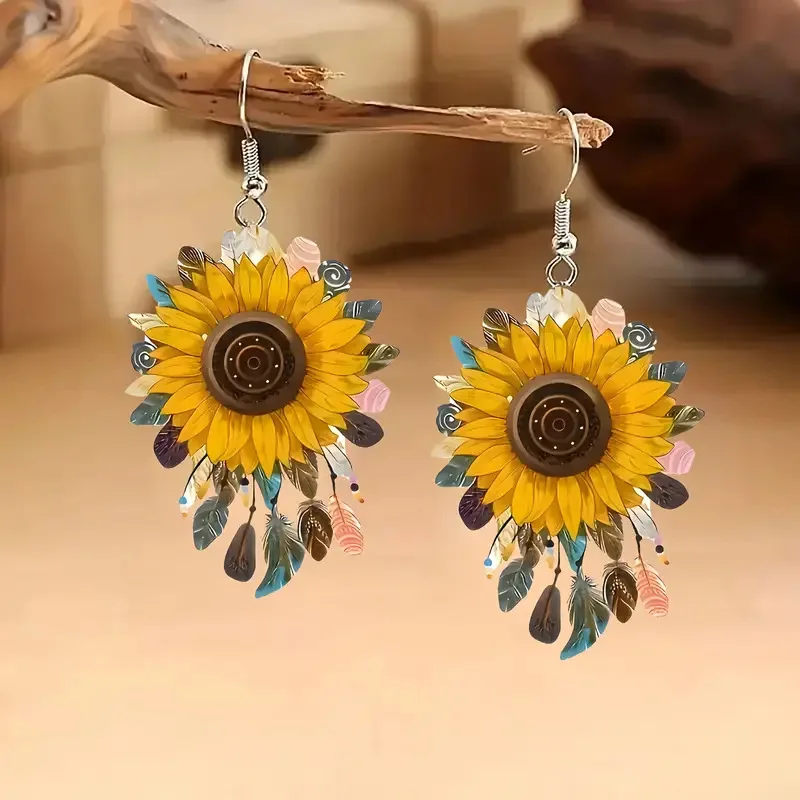 Bohemian Sunflower Dangle Earrings for Women-Vintage Acrylic Feather Drop Earrings Fashion Jewelry Gift for Summer Outfits