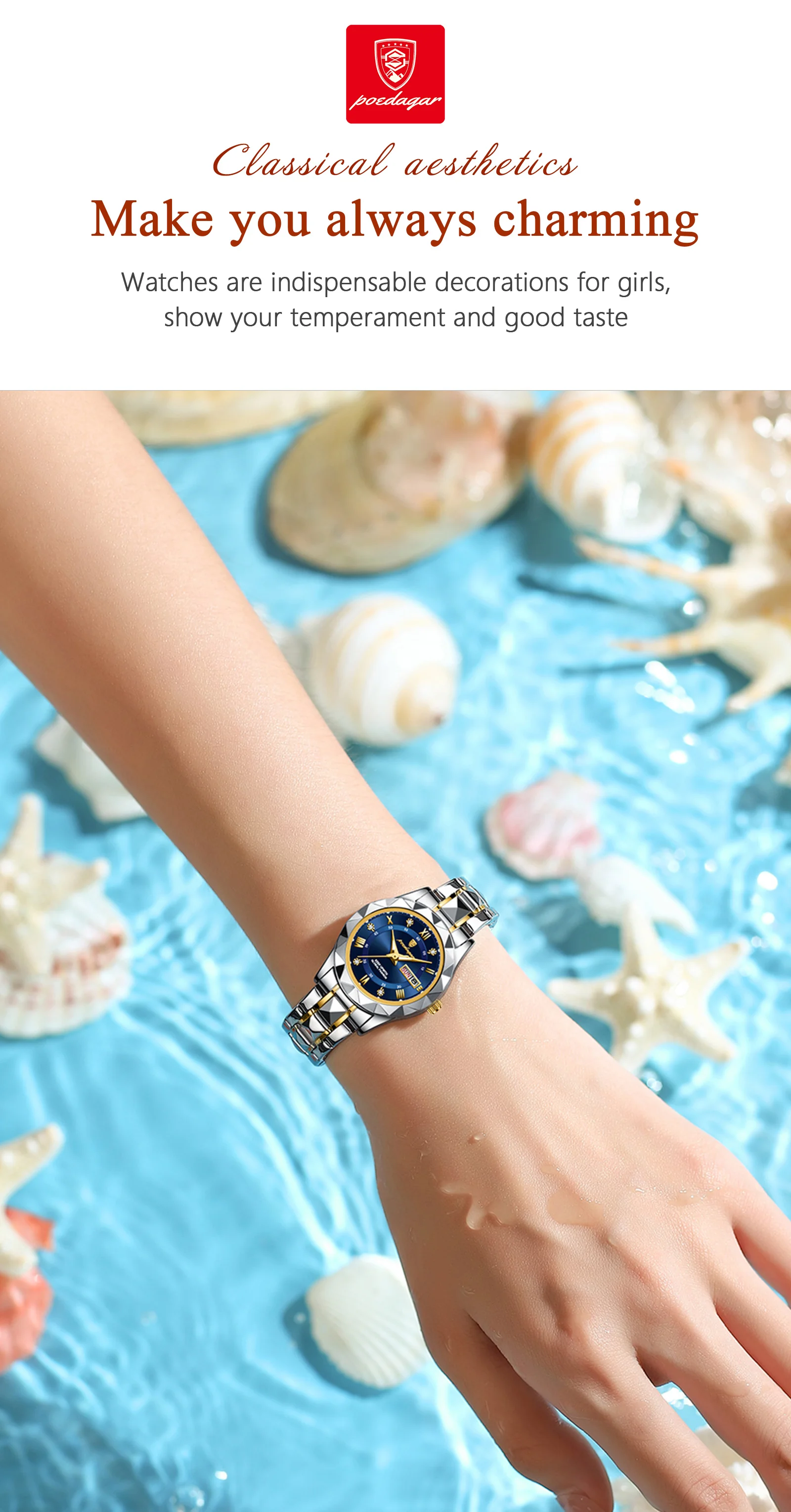 Poedagar נשים יוקרה להתלבש לצפות בשבוע עמיד למים תאריך אישה wristwatch נירוסטה נשים קוורץ שעונים reloj + תיבה