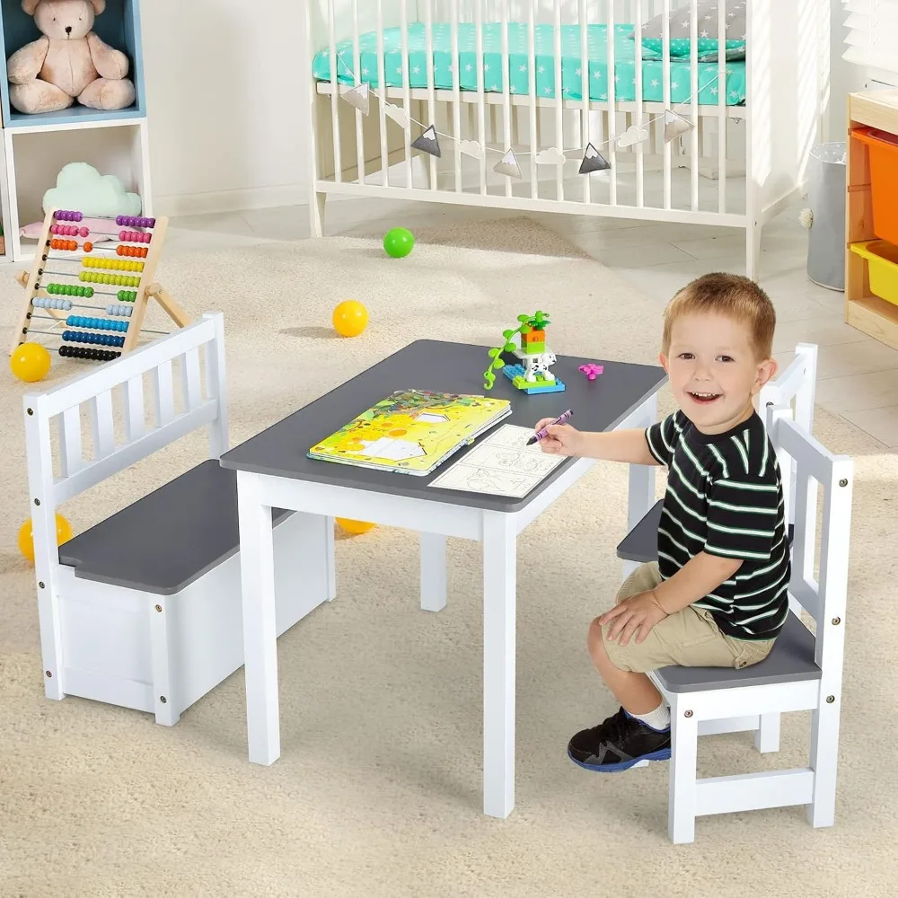 2 in 1 Kids Table and Chair Set, Wood Activity Table with Toy Storage Bench & 2 Chairs for Children Reading, Arts, Crafts 2