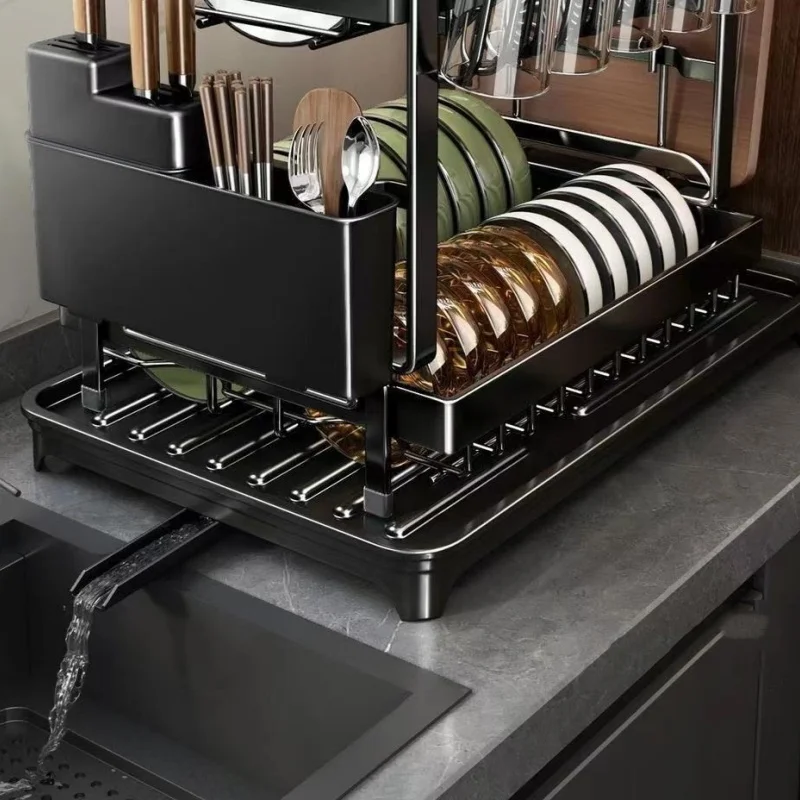 2-tier Kitchen Drain Rack Dish Storage Rack Kitchen Dish Drying Rack with Drain Tray Countertop Tableware Storage Drain Board 4