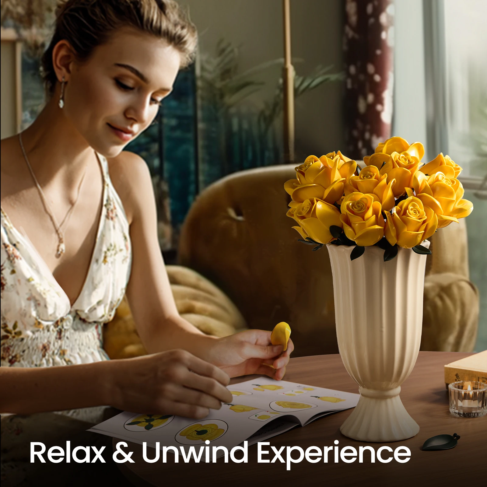 Yellow rose building block flower bouquet displayed in white vase as elegant home decor