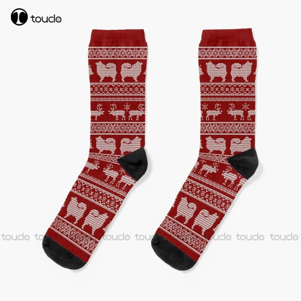 

Ugly Christmas Sweater Dog Edition - Finnish Lapphund - Lapinkoira Red Socks High Socks Christmas Gift Custom 360° Digital Print