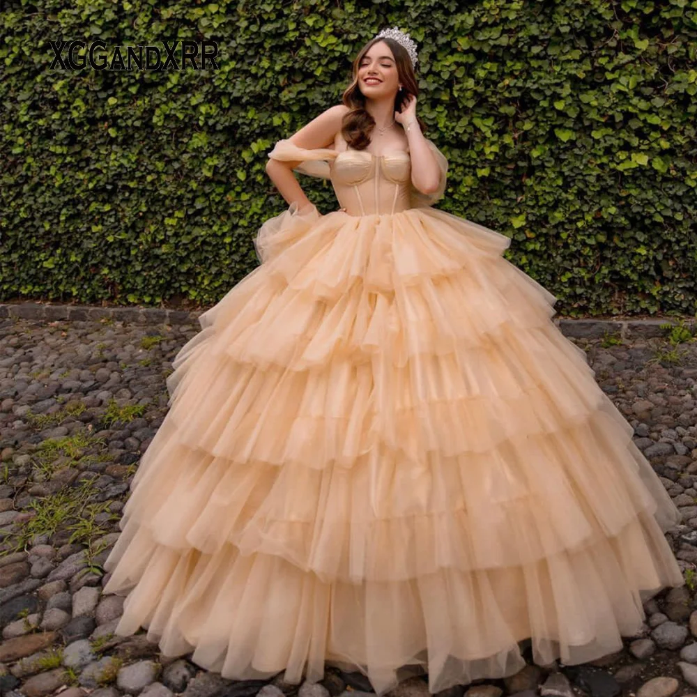 

Champagne Cake Layer Quinceanera Dress 2022 Sweetheart Off Shoulder Lace Up Sweet 15 16 Years Old Birthday Party Gown Formal New