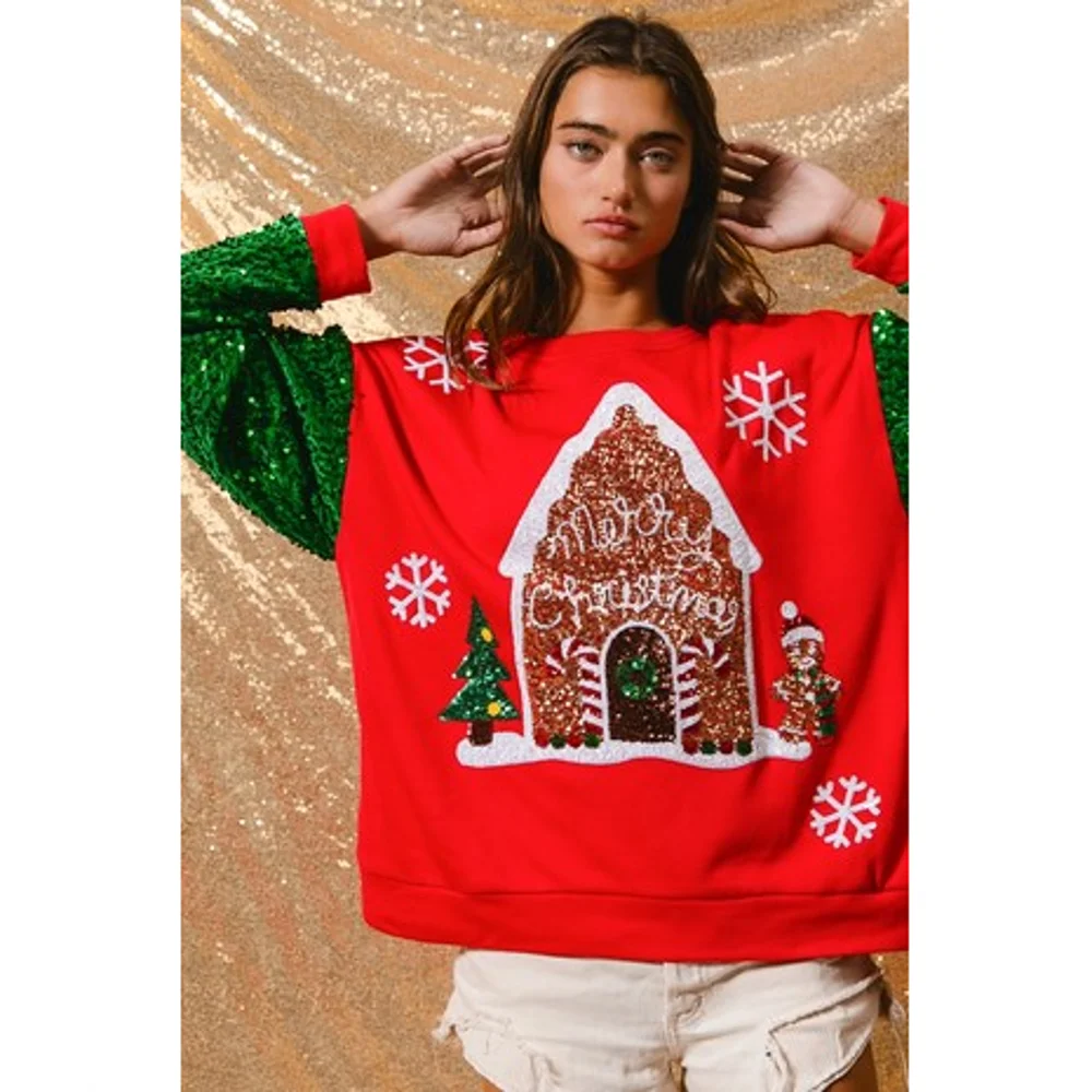 thumbnail image 1 of Sudaderas con lentejuelas de moda navideña 2024 para mujer, lindas camisetas de suéter de gran tamaño con gráfico de Papá Noel, sudaderas con capucha de manga larga, 1 of 5