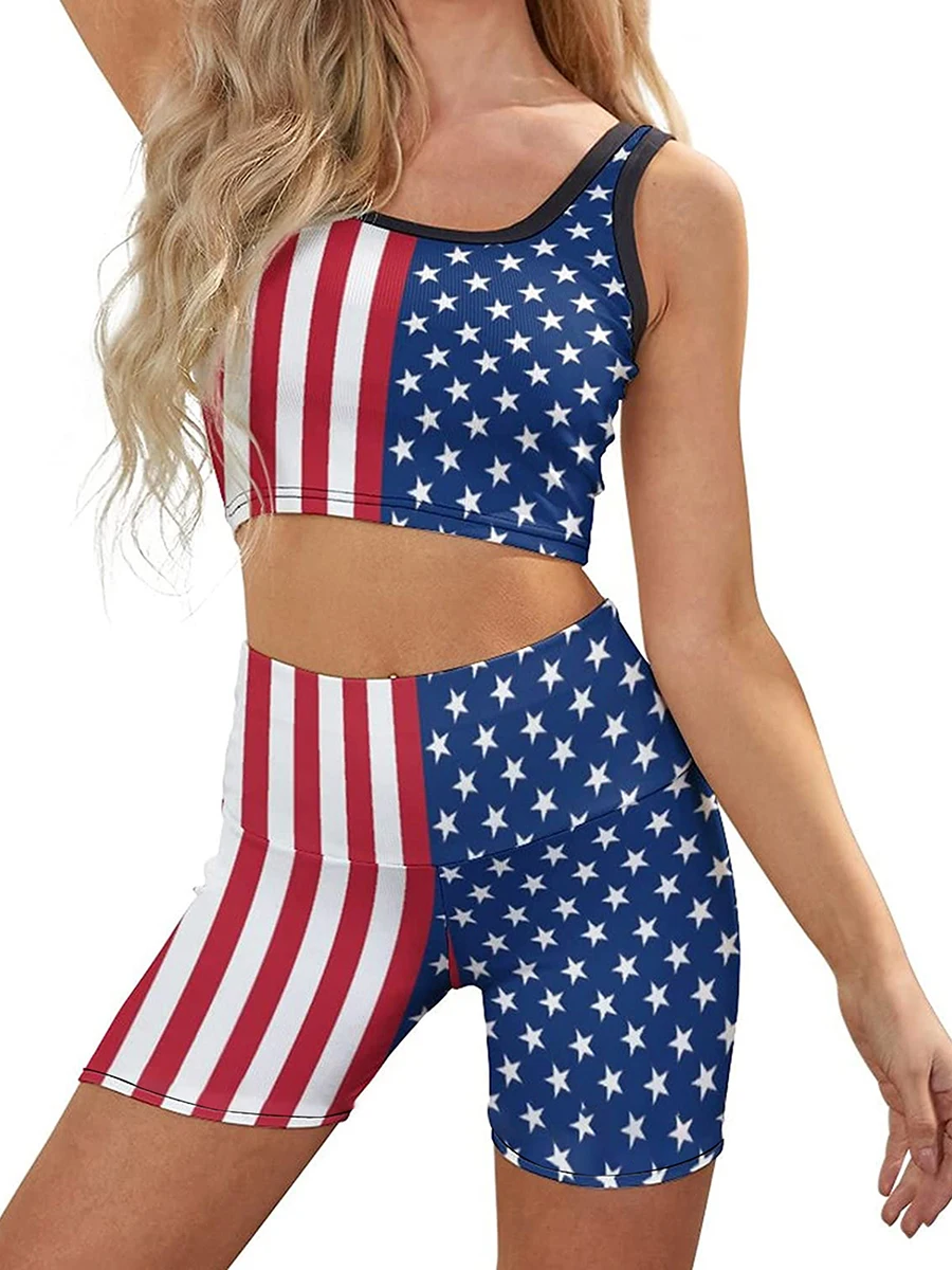 

Women 4th of July Outfits Stars Stripes Tank Tops and Cual Eltic Shorts Summer Streetwear Clubwear 2 Piece Clothes