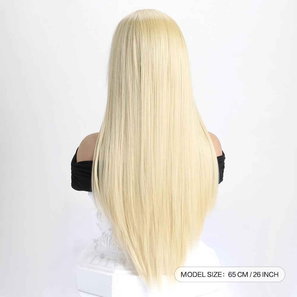 26 Inch Long Synthetic Straight Wig Mid Bangs Women Ombre Heat Resistant Wigs Daily Use Cosplay Halloween Costume Party 5