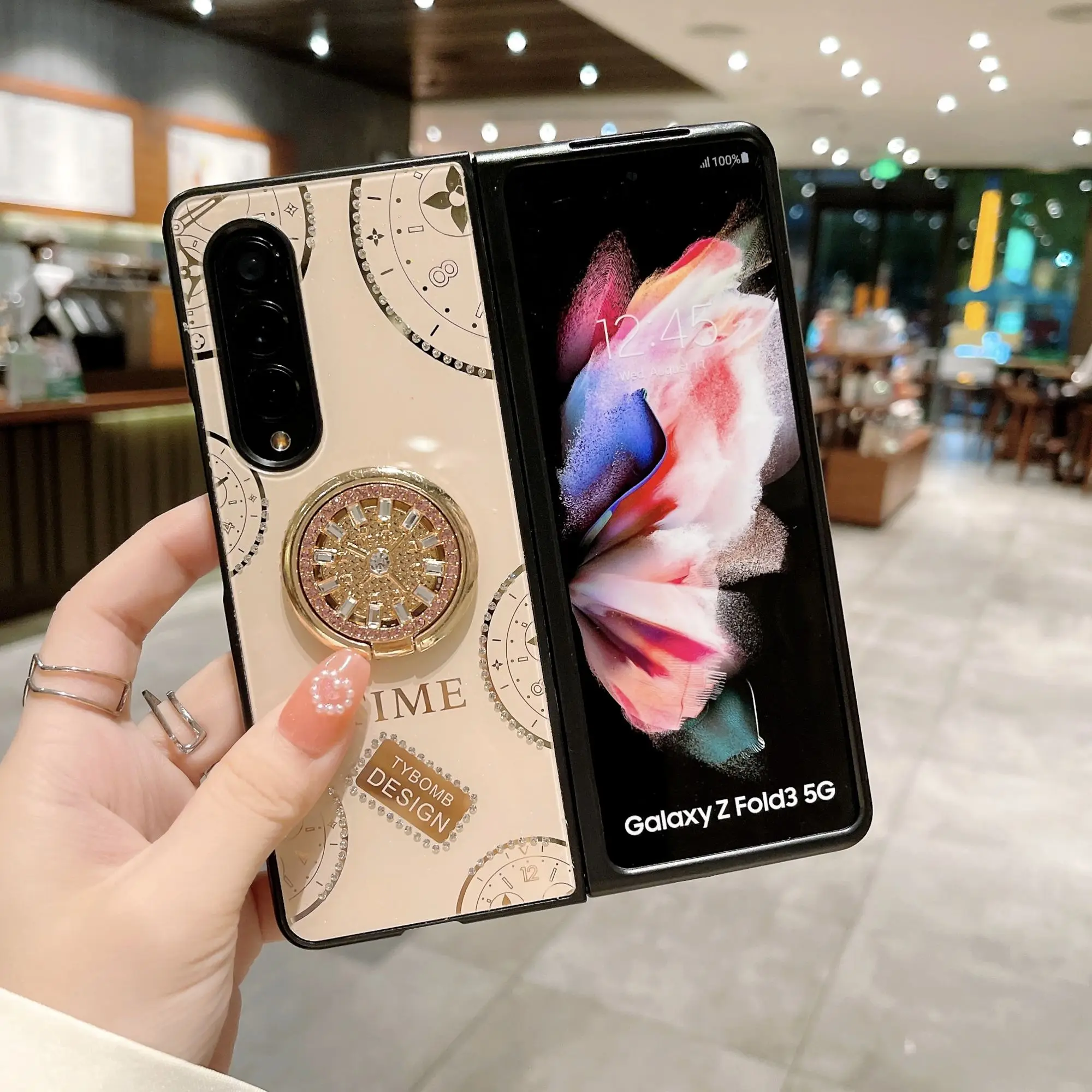 

Luxury Diamond Glitter Ring Bracket Phone Case For Samsung Galaxy Z Flip 3 Zflip3 Flip 4 ZFold3 Fold 3 4 5G Clock Holder Cover