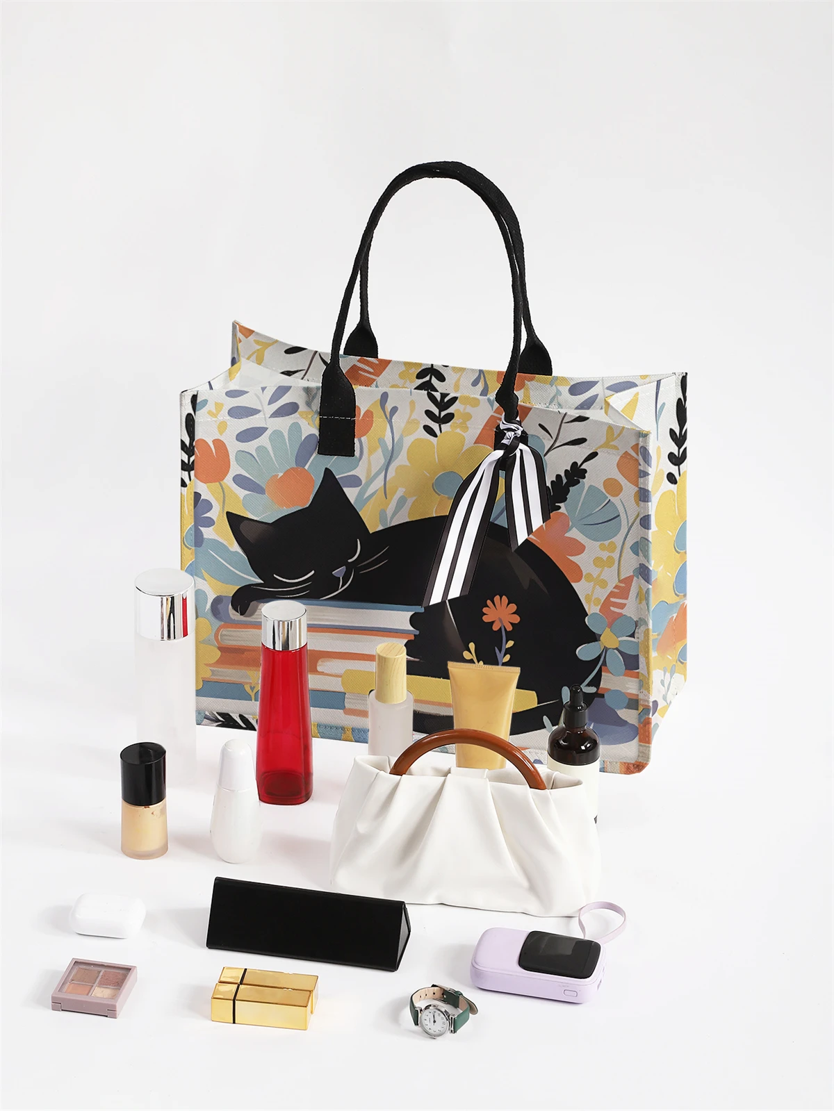 Cartoon cat pattern printed handbag, women's gift handbag, beach bag, suitable for large capacity handbags for men and women