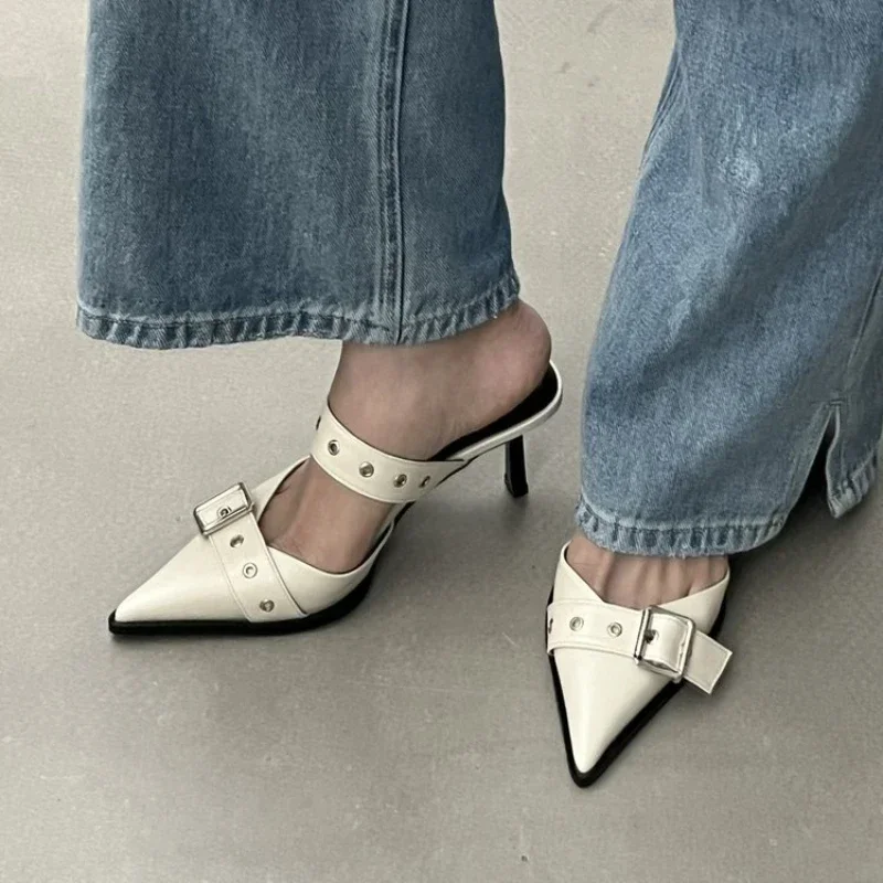 Punk Goth Metal Buckle High Heels Women's Sandals Summer  Pointed Toe Silver Party Shoes Fashion Womens Pumps Shoes Tacones 6