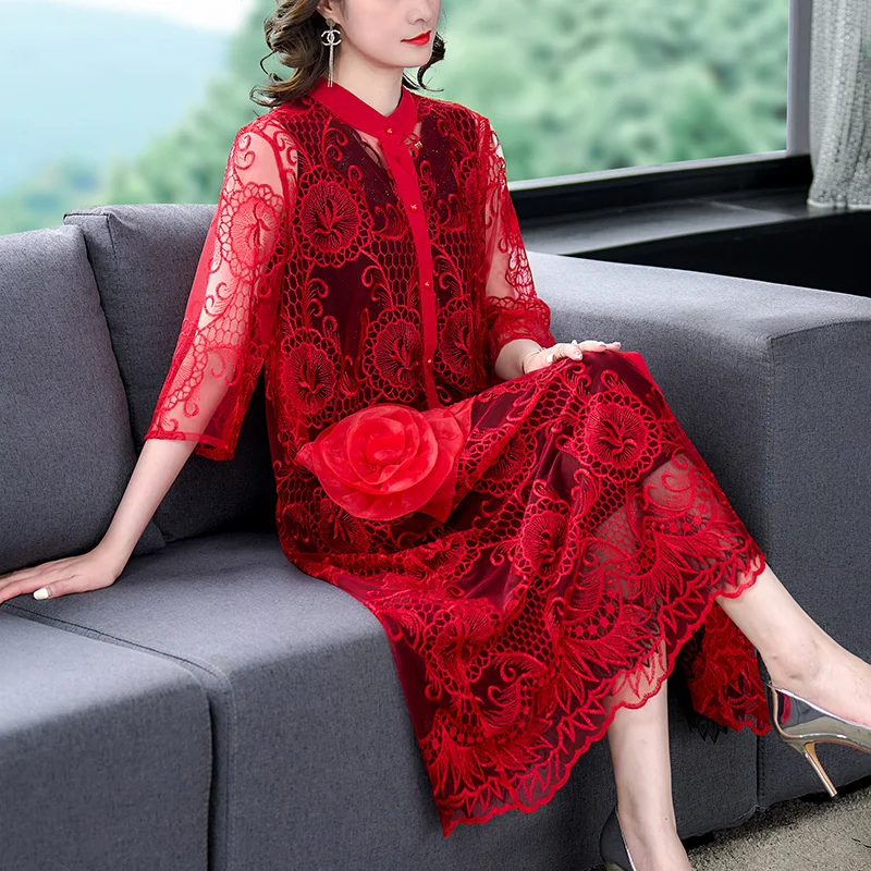 

2023 summer boutique temperament noble open-chest MIDI skirt embroidery loose thin trend mother skirt