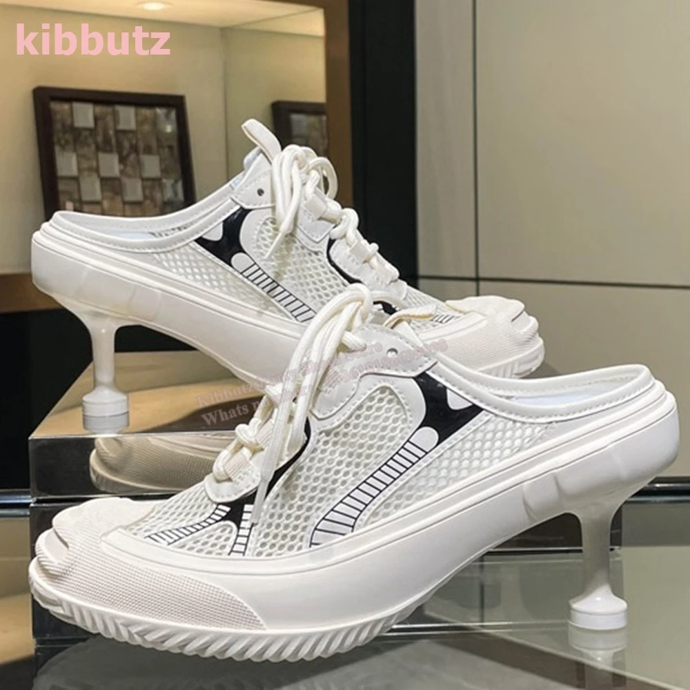 Patchwork Thin Heels Sneakers Mixed Color Round Toe Lace-Up Novelty Sexy Luxury Fashion Runway Show Comfortable Women Shoes New