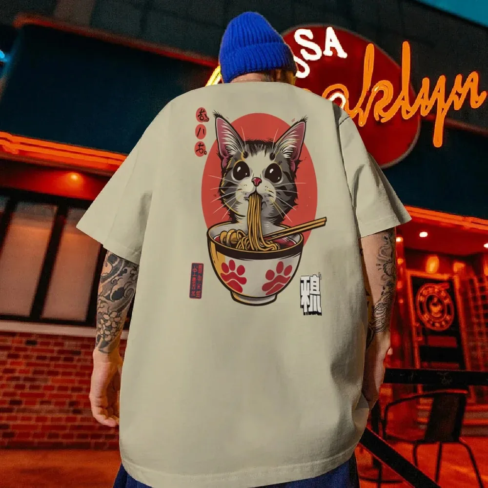Men's T-Shirt Sushi Lucky Cat Printed Male Clothing Fashion Casual Short Sleeved Loose Oversized Shirt Street Harajuku Tops Tees