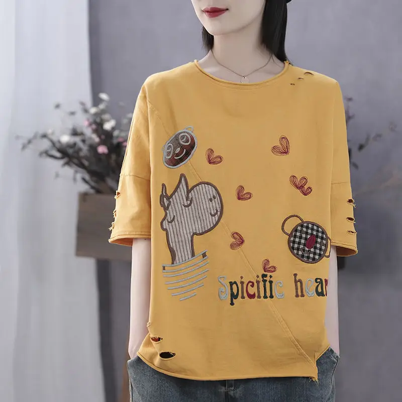 100% Cotton Retro Literary Short-sleeved T-shirt Female Summer New Style Printing Half Sleeve Loose Casual Top tee shirts Tees