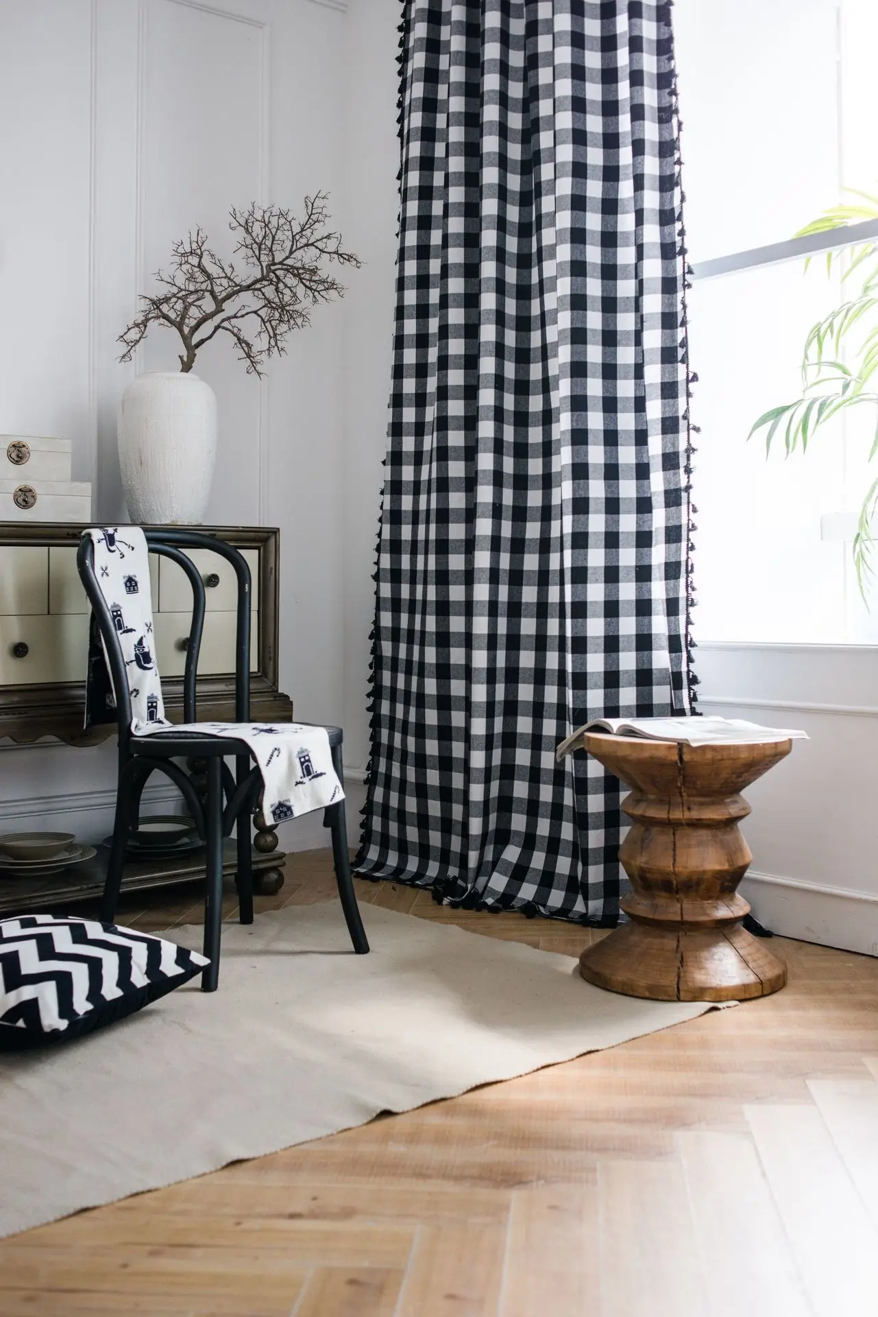 Description Picture 3 of itemSemi-Blackout Windows Vintage Curtains for Bedroom Drapes in Living Room Black and White Squares Tassel Farmhouse Home Decor