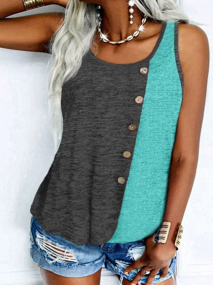 

Women Color Block Racerback Tank Top Fashion Side Button Design Sleeveless Shirt Summer Casual Blouse Vest Tops