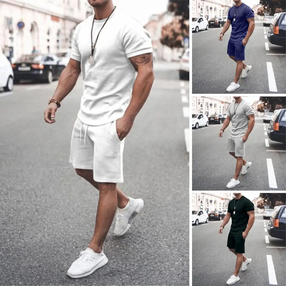 

Summer Sports Suit Men's O-neck Short Sleeve Sportswear Set with Elastic Waist Shorts Athleisure Suit in Solid Color for Active