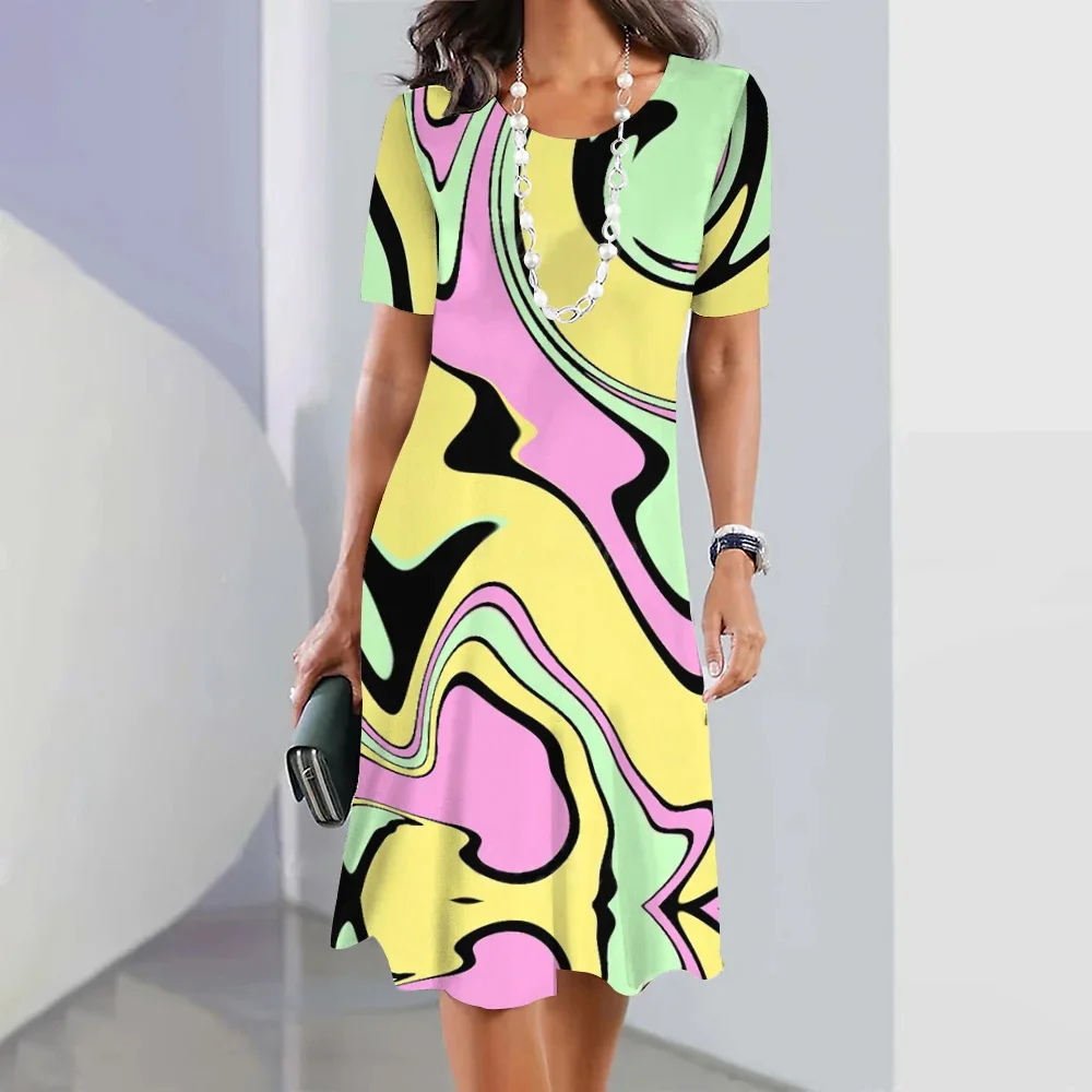 

Women's Fashion Dress Tie Dyed Printed Skirt Loose Round Neck Pullover Casual Comfortable Clothing Summer Women's Party Dress