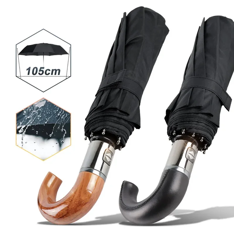 

3 Quality Strong 10ribs Business Parasol Leather Rain Umbrella Woman Big Umbrella Men Handle Windproof Folding Automatic