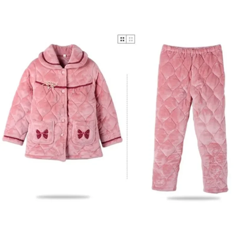 2024 New Winter Coral Fleece Pajamas Women Thickened Fleece Loungewear Warm Triple Layer Sleepwear Flannel Cotton Loungewear Set
