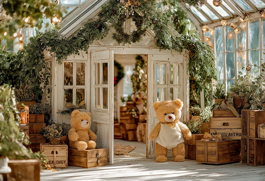 White House With Christmas Tree and Little Bear Photography Backdrop Kids Baby Cake Smash Photocall Studio Backgrounds