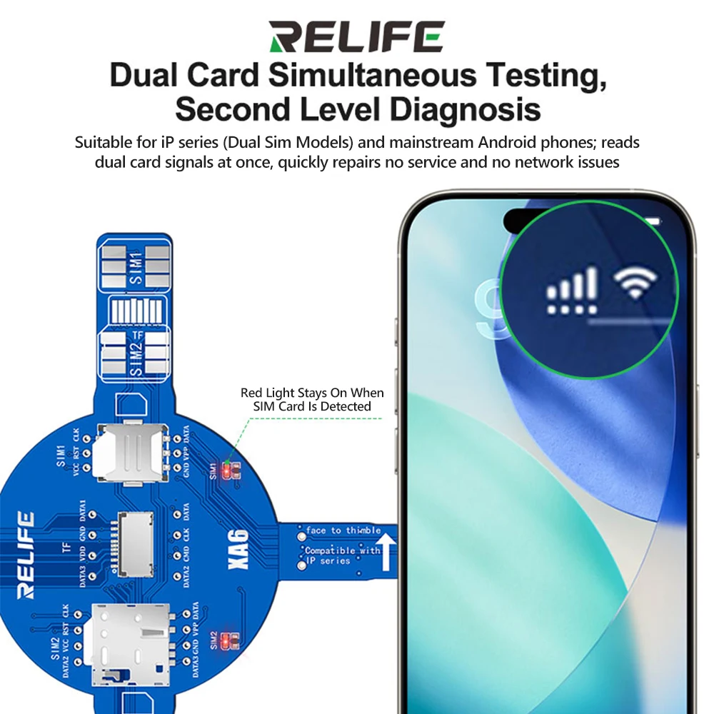 RELIFE XA6 듀얼 카드 신호 테스트 보드는 iP/안드로이드를 지원하며, 분해가 필요하지 않으며, SIM, TF, NM 카드 읽기 오류를 빠르게 찾아냅니다.