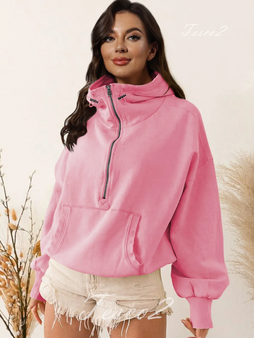 Tesco New Products Women's Hoodies Women's Trendy Sports Sweatshirts Long Sleeve Loose Pullovers With Zipper Female Top Hooded