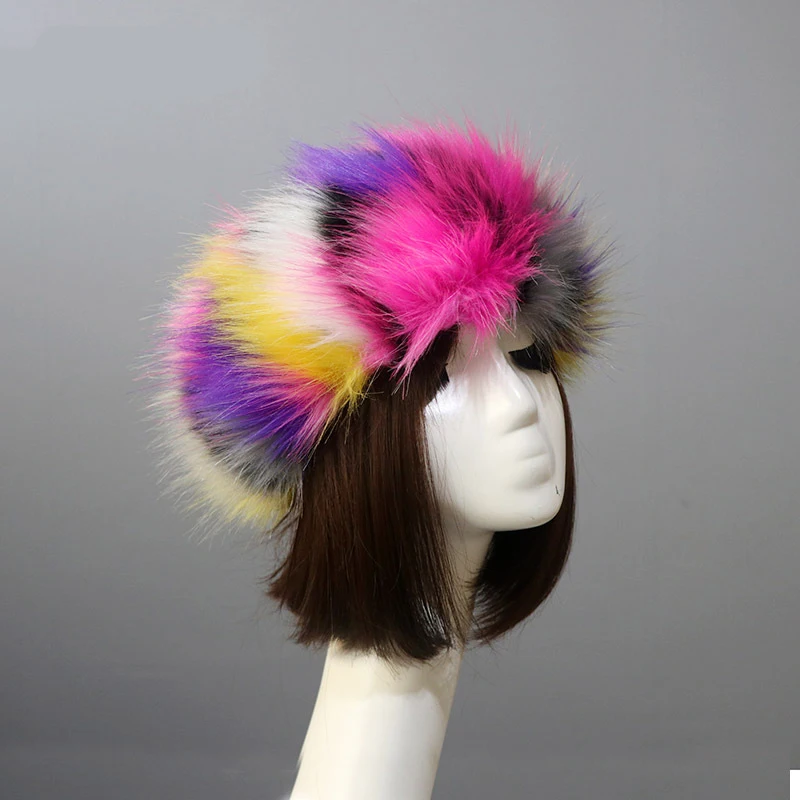Colourful Pink Women Winter Warm Faux Fox Fur Hats Visor Cap Fluffy Fur Fashion Russian Style Female Round Cap Headgear Fur Caps 6