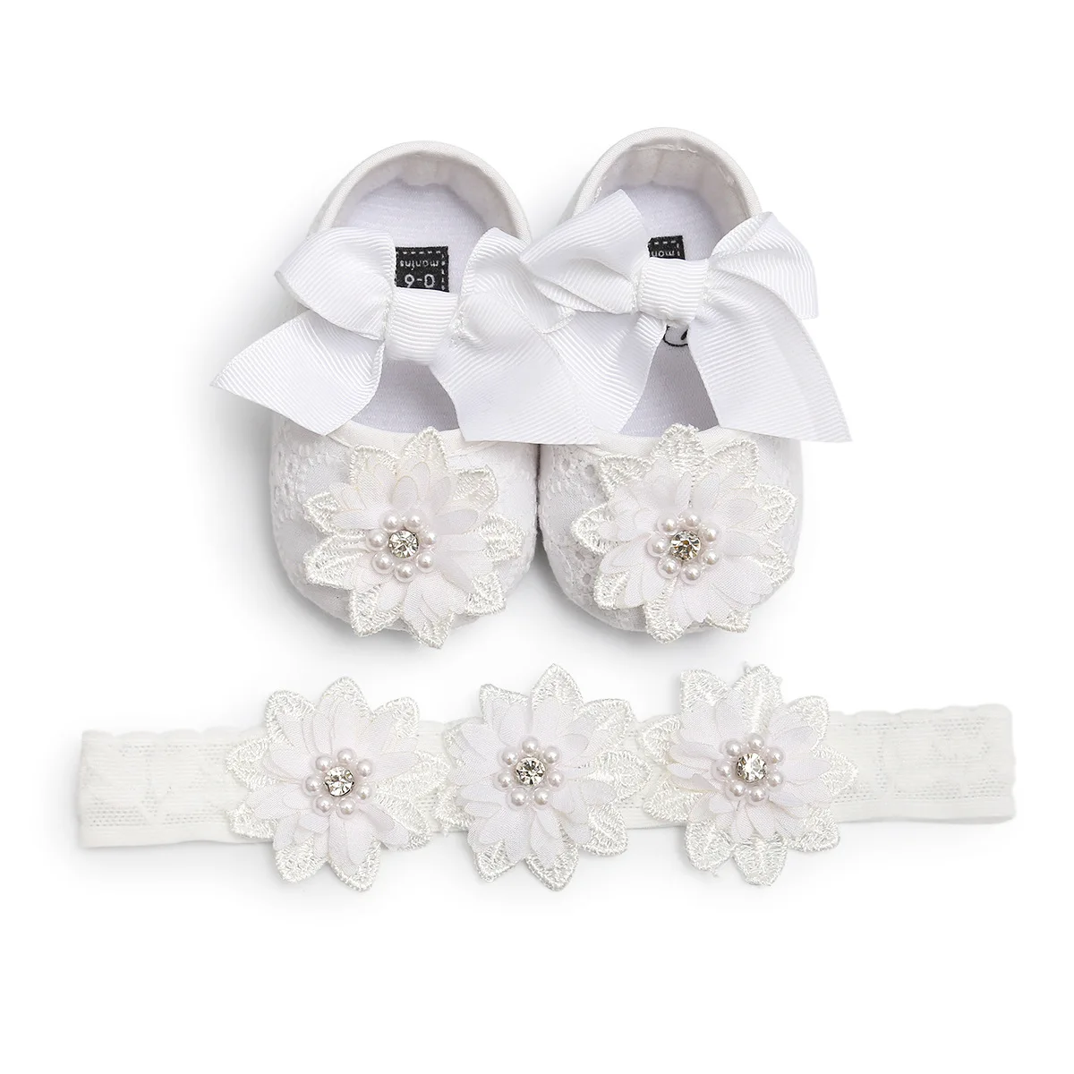 Baby Girls Mary Jane Flats with Bownot Non Slip Soft Sole Lace Fabric Newborn Infant Toddler First Walker Cirb Dress Shoes