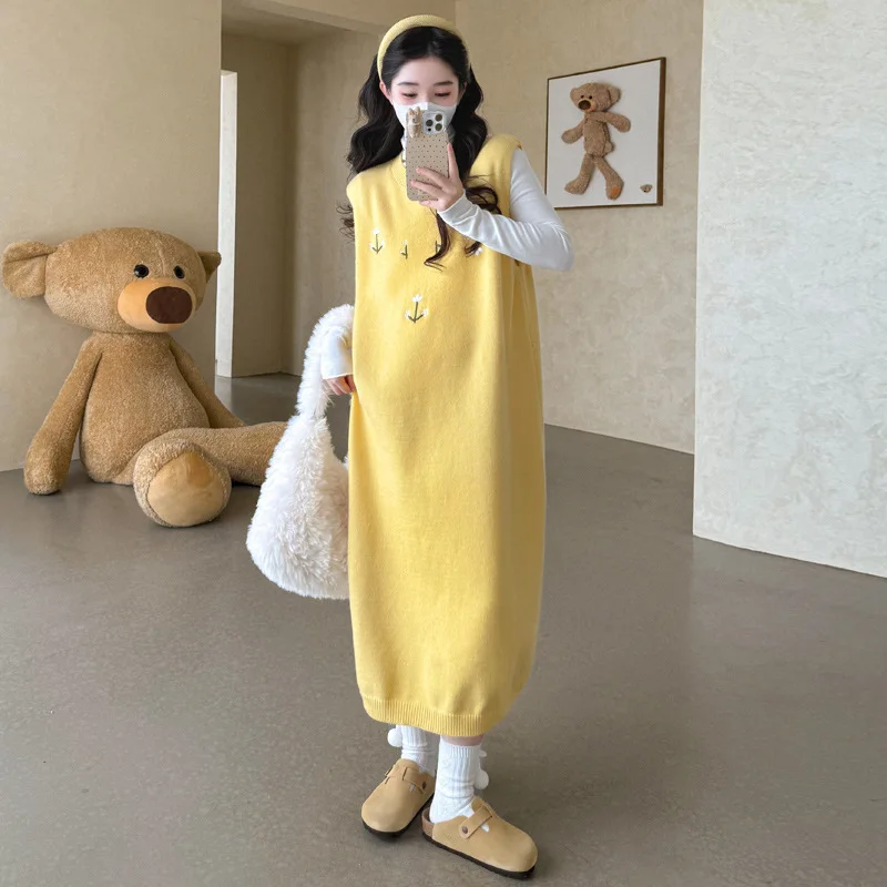 2025년 신상 가을 겨울 임부복 패션 젠틀 스타일 베스트 드레스 긴팔 이너 투피스 세트 컬러 블록