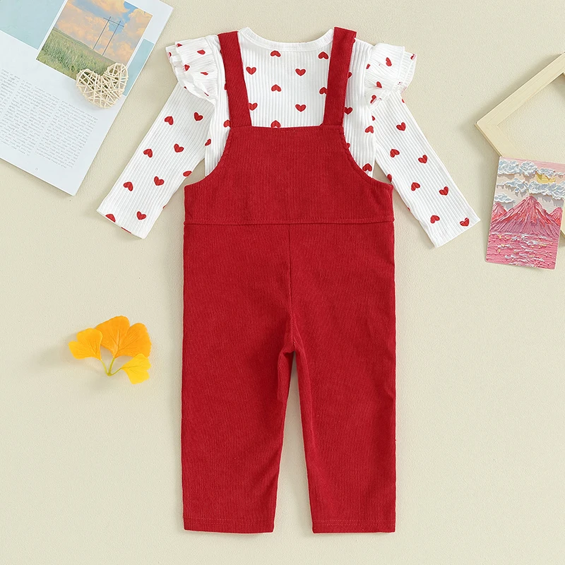 

Toddler Girls Valentine's Day Outfits Heart Print Crew Neck Long Sleeve Tops Suspender Pants Overalls 2Pcs Fall Clothes Set