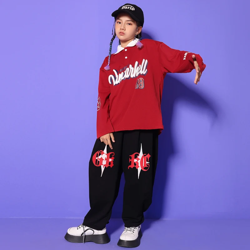 

Kids Kpop Outfits Hip Hop Clothing Oversize Red Polo Shirt Streetwear Sweat Pants For Girl Jazz Dance Wear Costume Show Clothes