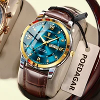 POEDAGAR Original Business Male Watch Waterproof Luminous Leather Men's Wristwatch Date Week Luxury Quartz Watches For Men Reloj