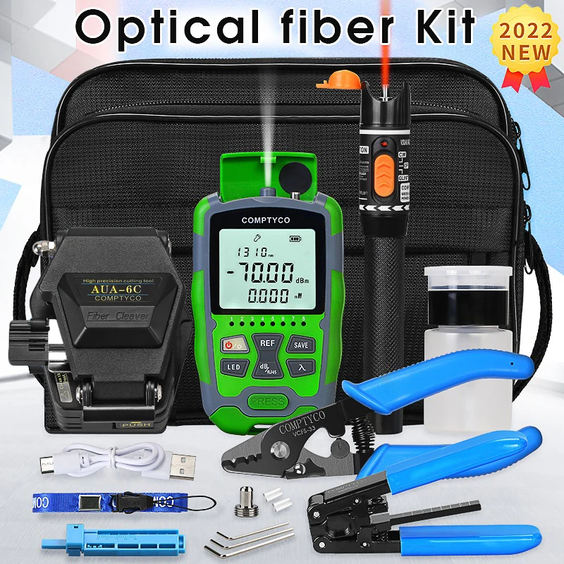 Fiber Optic Tool Kit with AUA-6C Fiber Cleaver -70+10dBm/-50+26dBm 3 in 1 Mini Optical Power Meter 10Mw Visual Fault Locator