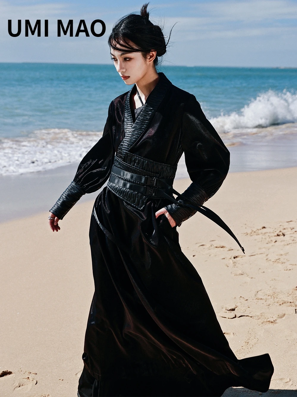 

UMI MAO Yamamoto Dark Dress Women's Shirt Sleeves Black Lace Splice Dresses Slim Modified Hanbok Dress Femme Give Waist Seal!!!