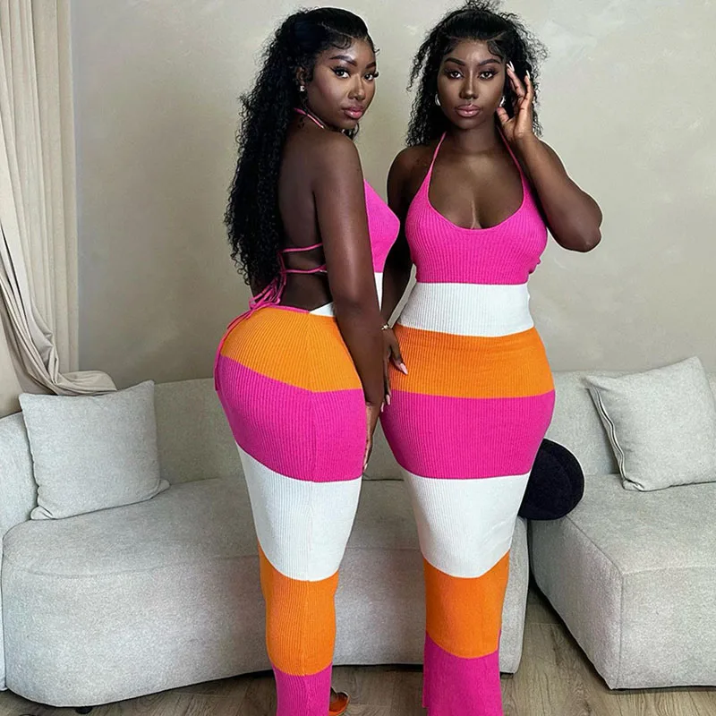 

Autumn Knitting Ribbed Color Patchwoek Bodycon Maxi Dress Women Striped Print Halter Backless Lace-up Party Club Birthday Dress