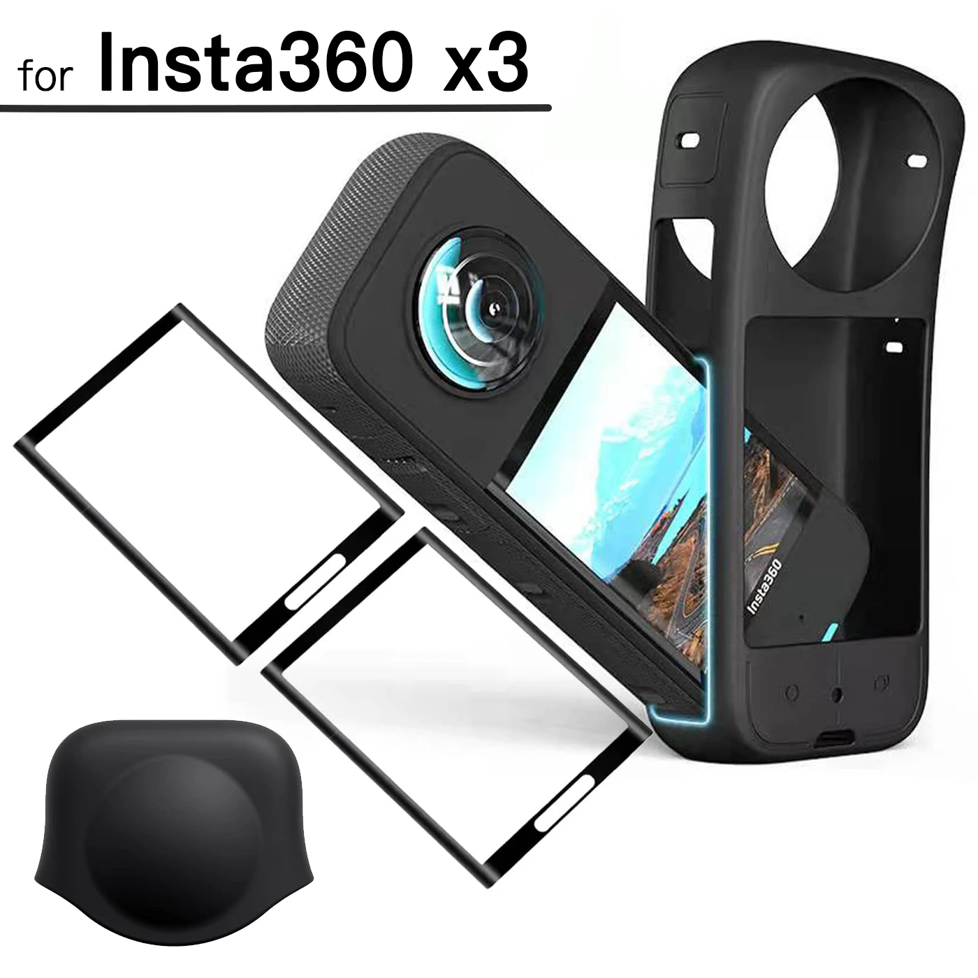 3-IN-1 Insta360 X3 Screen Protector + Protective Case for Insta 360 X3  Silicone Lens Cap & Flexible Film & Lens Cover Accessory