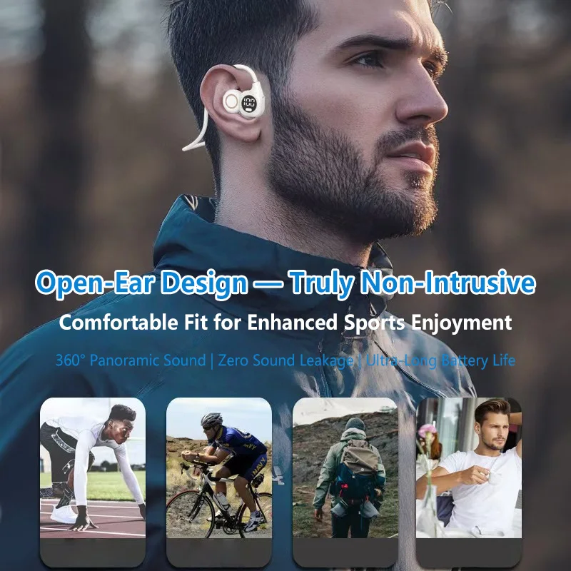 Auricolari Bluetooth Wireless a Conduzione Ossea con Display Digitale, Cuffie Sportive a Lunga Portata con Riduzione del Rumore - immagine 5