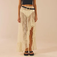 Women Asymmetrical Lace  Flowy Skirts Vintage Long Skirts High Waist Ruffle Midi Aesthetic Ladies See Through Elastic Skirts