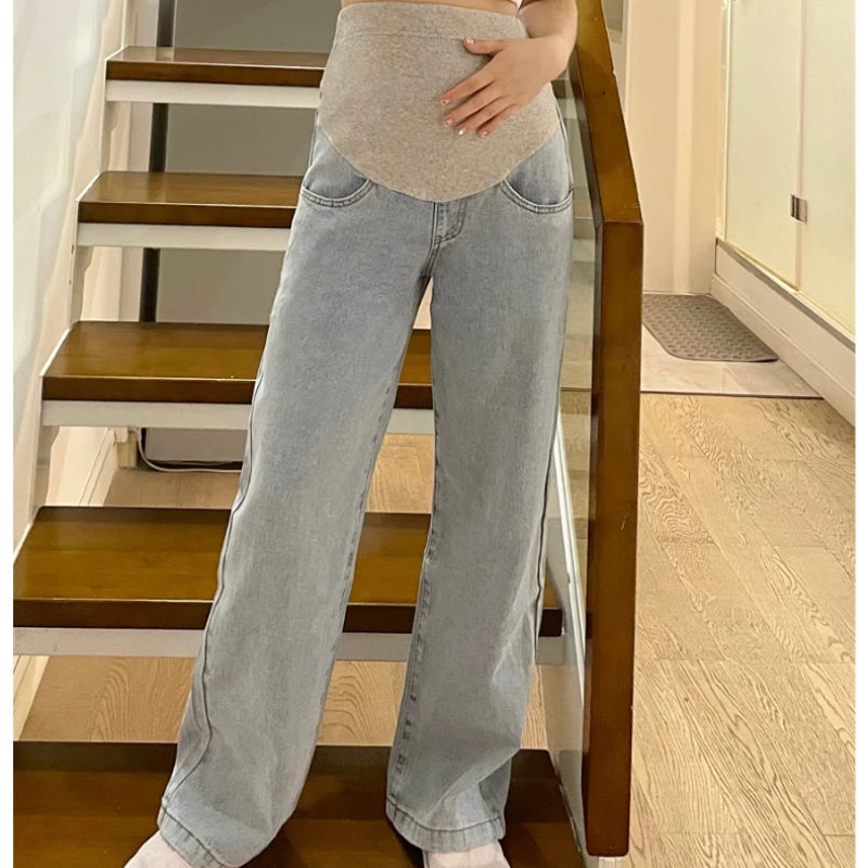 2023 Spring Maternity Jeans Wide Legs High Waist Pregnant Woman Denim Trousers Plus Size