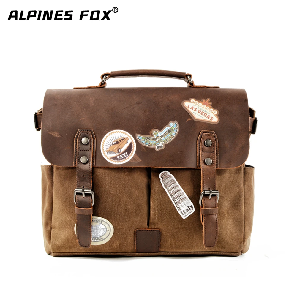 American Retro Bag Canvas Shoulder Messenger Handbag Document Europe Knight Crazy Horse Leather Saddle/Crossbody Computer Bag