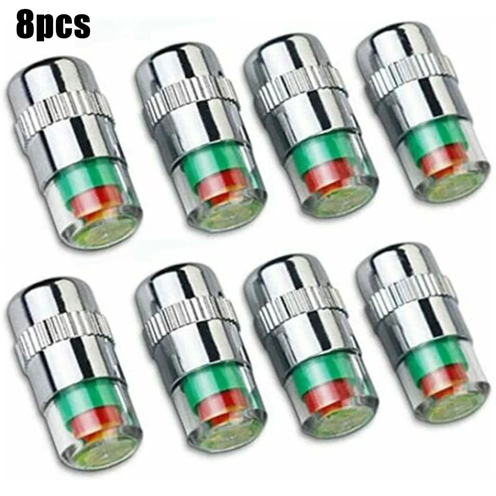 

8Pcs Auto Tire Pressure Monitor Valve Cap W/Sensor Indicator 3 Color Eye Silver Metal+PC For Car Motorcycle Bicycle Wear Parts