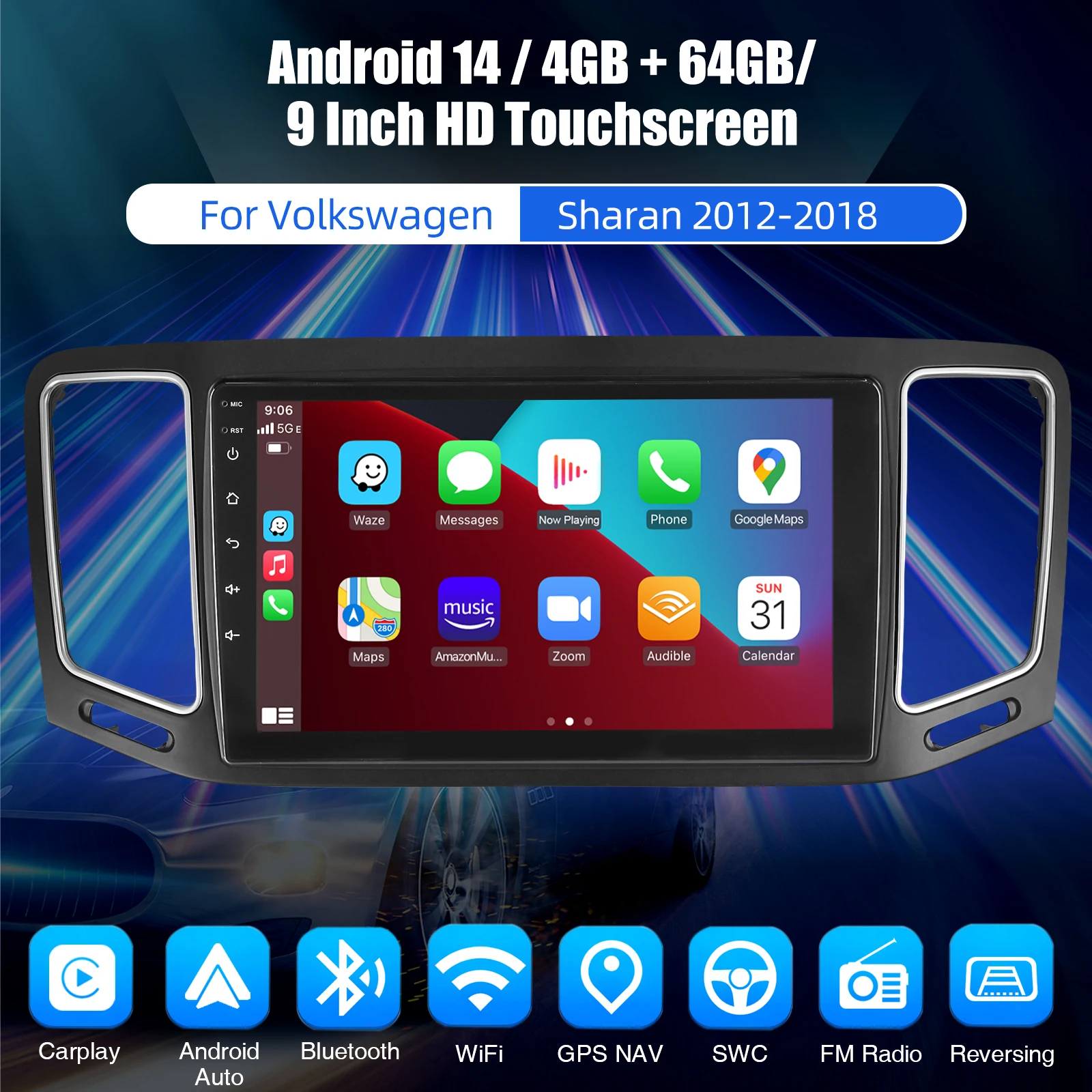 ESSGOO 9" Android 14 4+64G für VW Sharan II 7N Seat Alhambra 2 2010-2021 Autoradio mit Wireless Apple Carplay Android Auto GPS Navigation Wifi FM Bluetooth RDS USB Touchscreen Mirror Link Lenkradfernbedienung Equalizer – Detail 1
