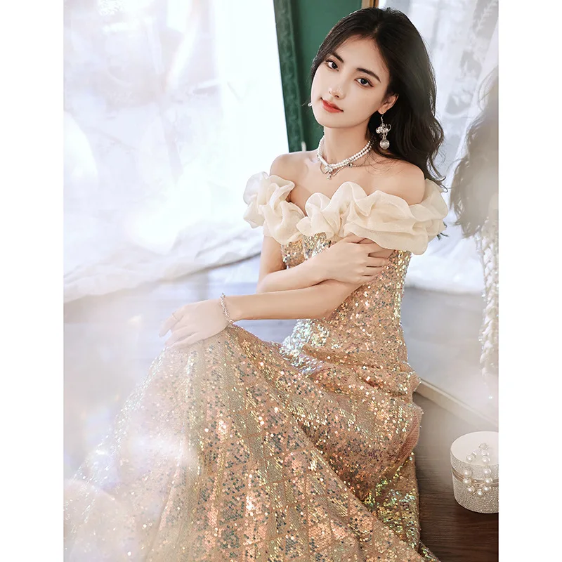 

Chmapagne Gold Slash Neck Sequins Applique Back Bandage Chiffon Evening Dresses Women Formal Bride Party Gown Vestidos