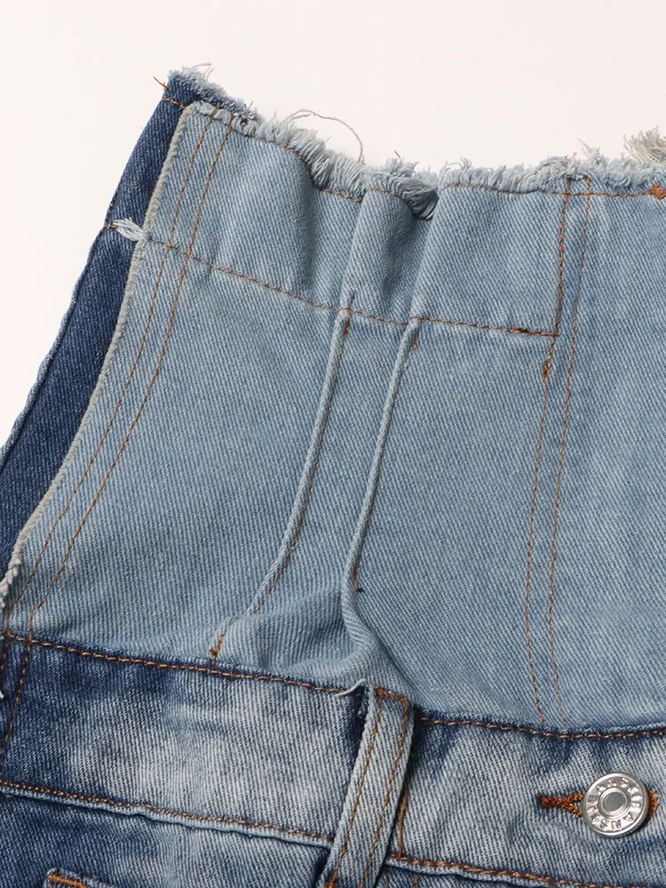 ECR Hit Color Patchwork Pocke Jeans For Women High Waist Spliced Raw Hem Loose Streetwear Wide Leg Denim Pants Female Fashion 