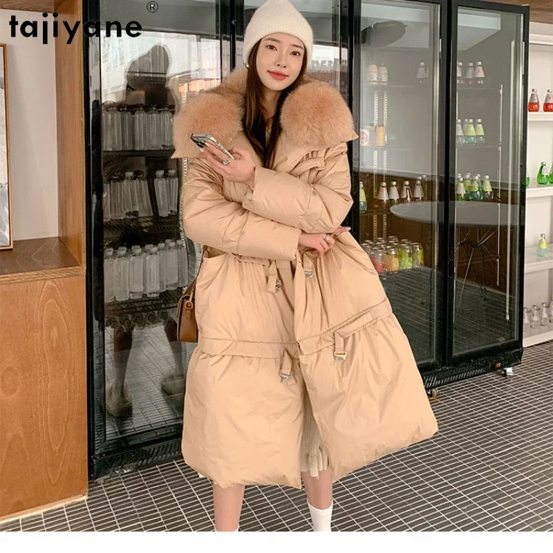 

Tajiyane Casual Long Down Coats for Women 2023 Winter Luxury Fox Fur Collar White Goose Down Puffer Jacket Fashion Warm Parkas