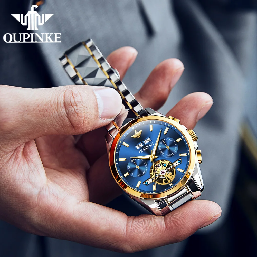 OUPINKE 3290 Automatic Man Watch Hollow Skeleton Business Mechanical Watch For Men Week Date Display Waterproof Men's Wristwatch